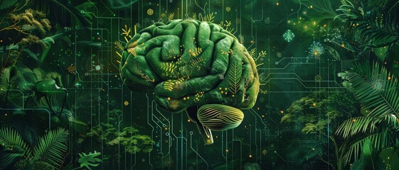 Fototapeta premium A digital illustration of a green brain amidst a lush forest, showcasing the fusion of nature and technology.