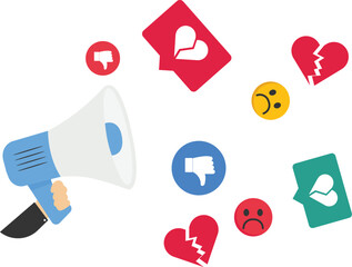 Internet hater, angry social media, dislike or negative feedback from remote work, cyber bullying concept, Megaphone with negative thumb down symbols.

