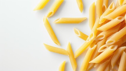 Uncooked penne pasta against a white backdrop