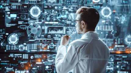 A man in a white lab coat stands in front of a large digital screen filled with data and graphs, thoughtfully considering the information displayed