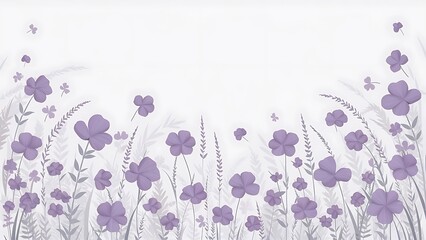 Purple meadow flowers and clover leaves frame on white background