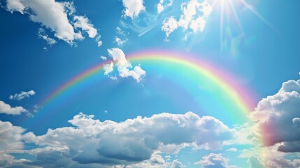Rainbow arching over a cloudy sky, daytime scenic view. Nature beauty and serenity concept
