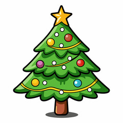 Cartoon Christmas tree with ornaments and star topper, creating a cheerful holiday decoration