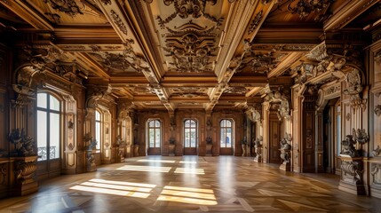 Fototapeta premium A grand ballroom with intricately carved beams exuding luxury, creating timeless elegance and sophistication.