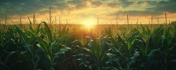 Beautiful sunset over a lush green cornfield with dramatic clouds in the sky, creating a peaceful and serene rural landscape.