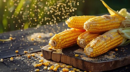 Fresh corn cobs on a wooden table with sunlight. Golden kernels scattered, showing a rustic countryside harvest scene.