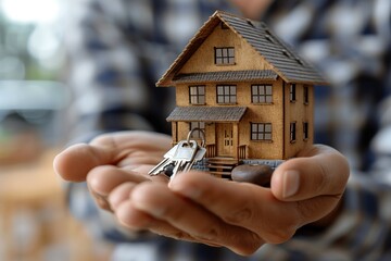 Person Holding Miniature Wooden House With Keys