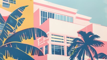 A colorful modern building accented by large, bold tropical palm trees, featuring a blend of pastel hues, and evoking a sense of warmth and vibrancy in an abstract artistic style.