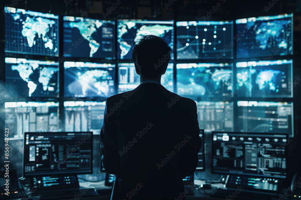 Poster businessman in silhouette is analyzing data displayed on multiple computer screens showing world map