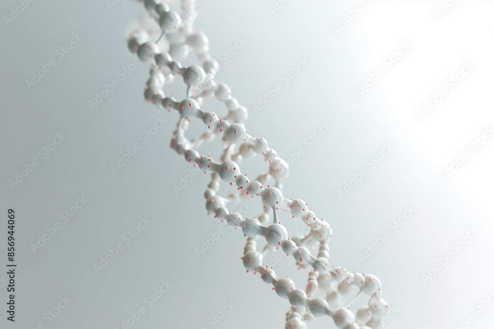 Poster white dna model rotating with red particles on light background representing genetic engineering and
