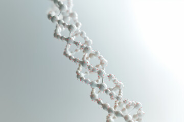 White dna model rotating with red particles on light background representing genetic engineering and gene editing