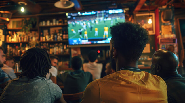 Group of male friends are watching football match broadcast on television in sports bar