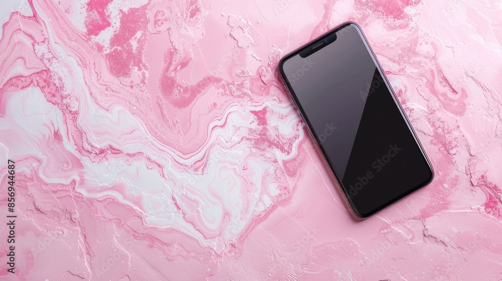 Poster smartphone on abstract pink and white background with space for text top view banner