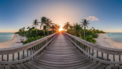 Obraz premium Panorama view of footbridge to the beach at sunrise Key West, Florida