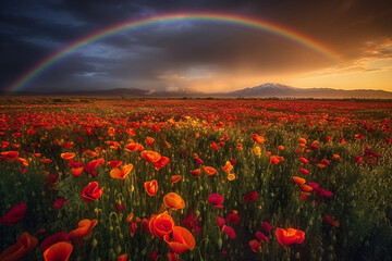 A beautiful field with blooming poppies and a rainbow in the sky.