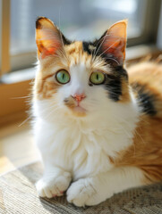 Adorable and Curious Calico Cat with Green Eyes Relaxing by a Sunlit Window on a Cozy Day Close Up of Fluffy Feline Friend with Unique Tri Color Fur Pattern, Perfect Pet Companion Photo