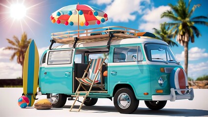 Blue van with deck chair and beach accessory 3D Rendering