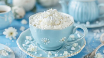 Obraz premium Elegant blue teacup with whipped cream and white chocolate