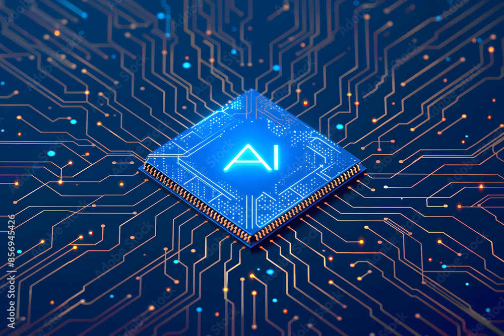 Poster glowing light blue neon ai chip with thin circuit contact lines. ai chip on technology background. a