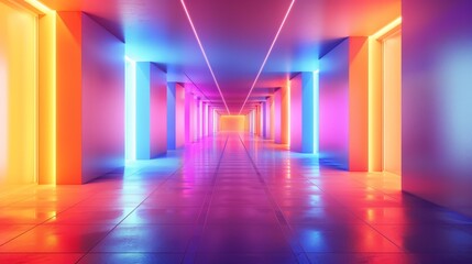 A long hallway with neon lights on the walls