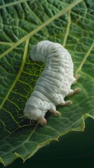 Fototapeta premium White caterpillar crawling on green leaf, close-up view. Nature and insect concept.