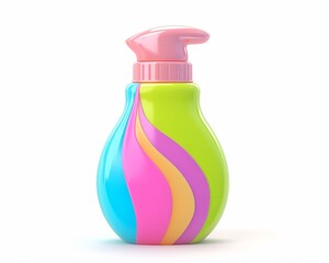 Multicoloured plastic bottle with dispenser. Cartoon 3d isolated illustration on white background. 