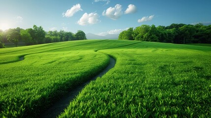 A lush green field with a winding path through it