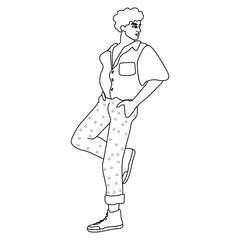 A linear drawing of a standing man. Guy leaning on a wall. Sketch style. Colouring book page.