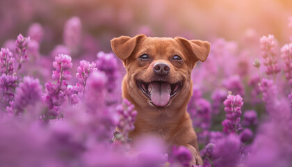 Adorable Happy Dog Smiling Among Vibrant Purple Wildflowers in a Dreamy Sunlit Meadow Perfect for Nature and Pet Lovers, Ideal for Social Media Posts, Inspirational Quotes, and Wall Art