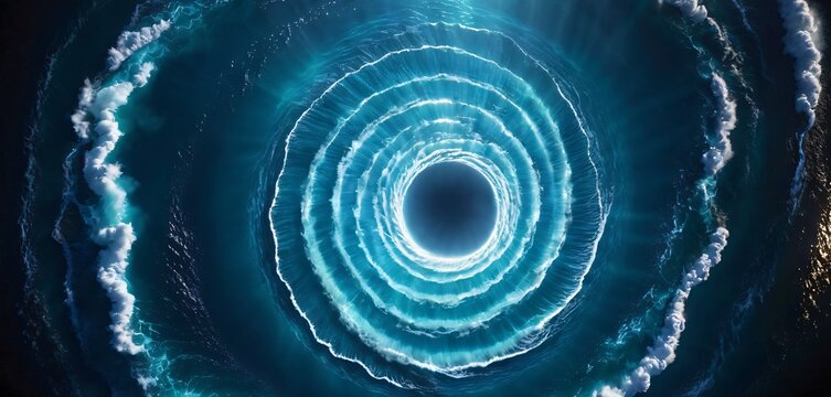 A wide view of the ocean from above with a large swirl