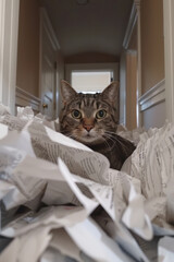 Adorable Tabby Cat Caught in a Mess of Torn Paper in the Hallway, Capturing the Mischievous and Curious Nature of Feline Behavior in a Cozy Home Setting