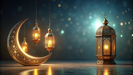 A beautiful Ramadan background with illuminated lanterns and crescent moon , Ramadan, background, Islamic, fasting