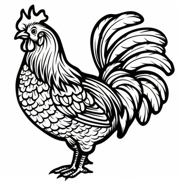 recommend clip art: Intricate black and white line drawing of a rooster, showcasing detailed feathers and features.