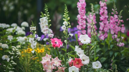 Obraz premium Variety of flowers in pink white and violet colors blooming in the garden