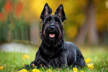 Captivating Image of a Black Dog with Perked Ears Relaxing on Grass Surrounded by Vibrant Yellow Flowers in a Beautiful Outdoor Setting