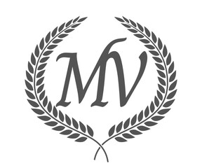 Initial letter M and V, MV monogram logo design with laurel wreath. Luxury calligraphy font.