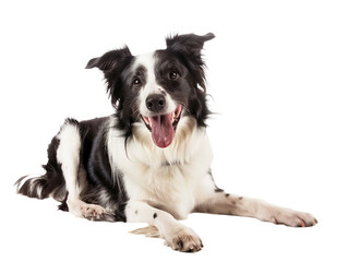 Fototapeta premium Full body shot of Border Collie dog, lying down, smiling.
