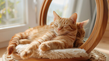 Cozy Cat Sleeping by the Mirror Adorable Ginger Feline Nap Time Captured in Warm Sunlit Room A Perfect Moment of Relaxation and Reflection for Cat Lovers and Pet Enthusiasts Alike