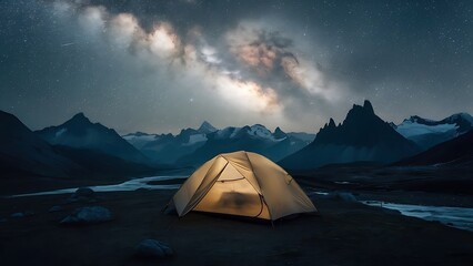 tent pitched up and glowing under the milky way