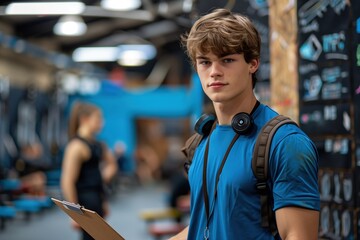 Fototapeta premium Young Male Fitness Instructor in a Gym, Wearing Headphones and Holding a Clipboard 