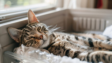 Cozy Domestic Cat Relaxing Peacefully on a Comfortable Bed, Sunlight Streaming Through Window, Adorable Feline Napping in a Cozy Indoor Environment, Tranquil Moment of Cat's Leisure and Calmness