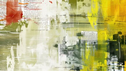 dynamic abstract painting featuring a mix of colors such as yellow, green, and red, with layered text elements and brush strokes overlaying the canvas.