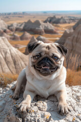 Obraz premium Happy Pug Sitting on a Rock with a Stunning View of a Rugged Landscape in the Background on a Bright Sunny Day