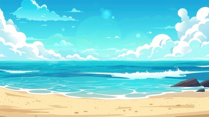 beach scene with gentle ocean waves lapping the shore, under a bright blue sky dotted with clouds, evoking a sense of peace and relaxation.