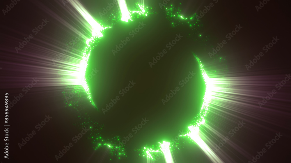 Poster green swirling circle frame of multicolored lines of energy particles. abstract background