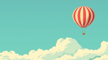 Obraz premium striped hot air balloon gracefully floating in a clear blue sky above fluffy white clouds. The scene evokes feelings of freedom and adventure.