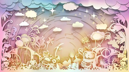 Colorful Sky with Clouds and Stars Background in a paper cut wallpaper