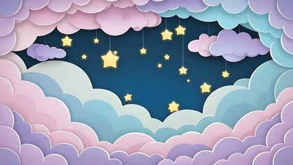 Colorful Sky with Clouds and Stars Background in a paper cut wallpaper