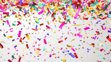 A festive scene of colorful confetti falling from the top of the frame on a plain white background, capturing the joyful essence of celebration and happiness in vibrant hues.