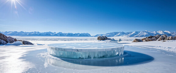  Ice podium background snow winter product platform cold mountain 3D. Podium ice display background cosmetic sky floor blue scene landscape frozen white cool stand pedestal minimal rock glacier nature